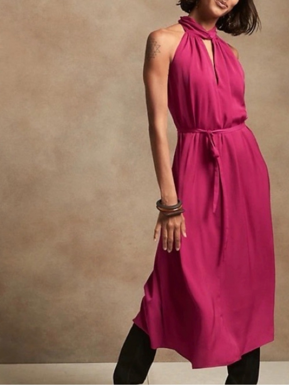 NWT! Banana Republic Raspberry Satin Belted Dress w Cut Out-size XS(oversized!)